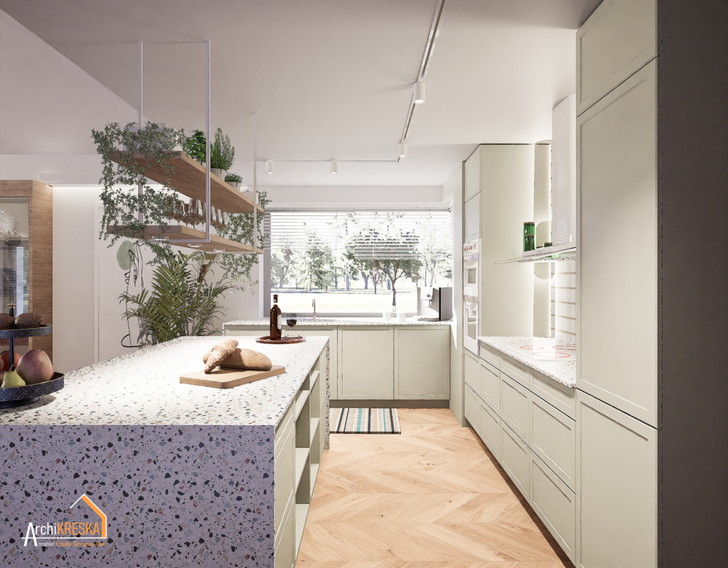 Projekt kuchni w kolorze szałwii